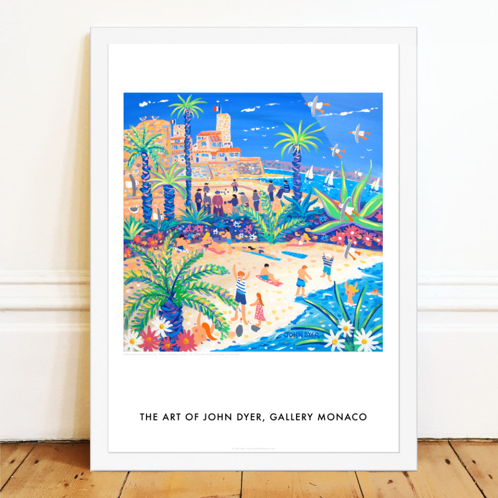 Topless sunbathers on the beach in Antibes in France painted by John Dyer. Tropical plants and palm trees, and a game of boules. Art poster print. John Dyer Art Poster Print. Gallery Monaco Range. Boules and Babes, Antibes, France