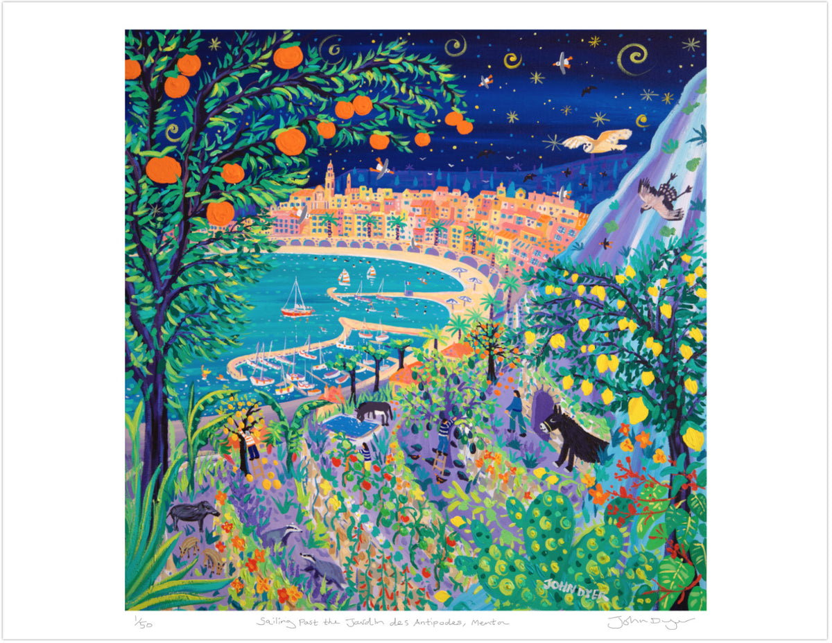 Limited Edition French Prints by John Dyer. &#39;Sailing Past the Jardin Des Antipodes, Menton, France&#39;. 