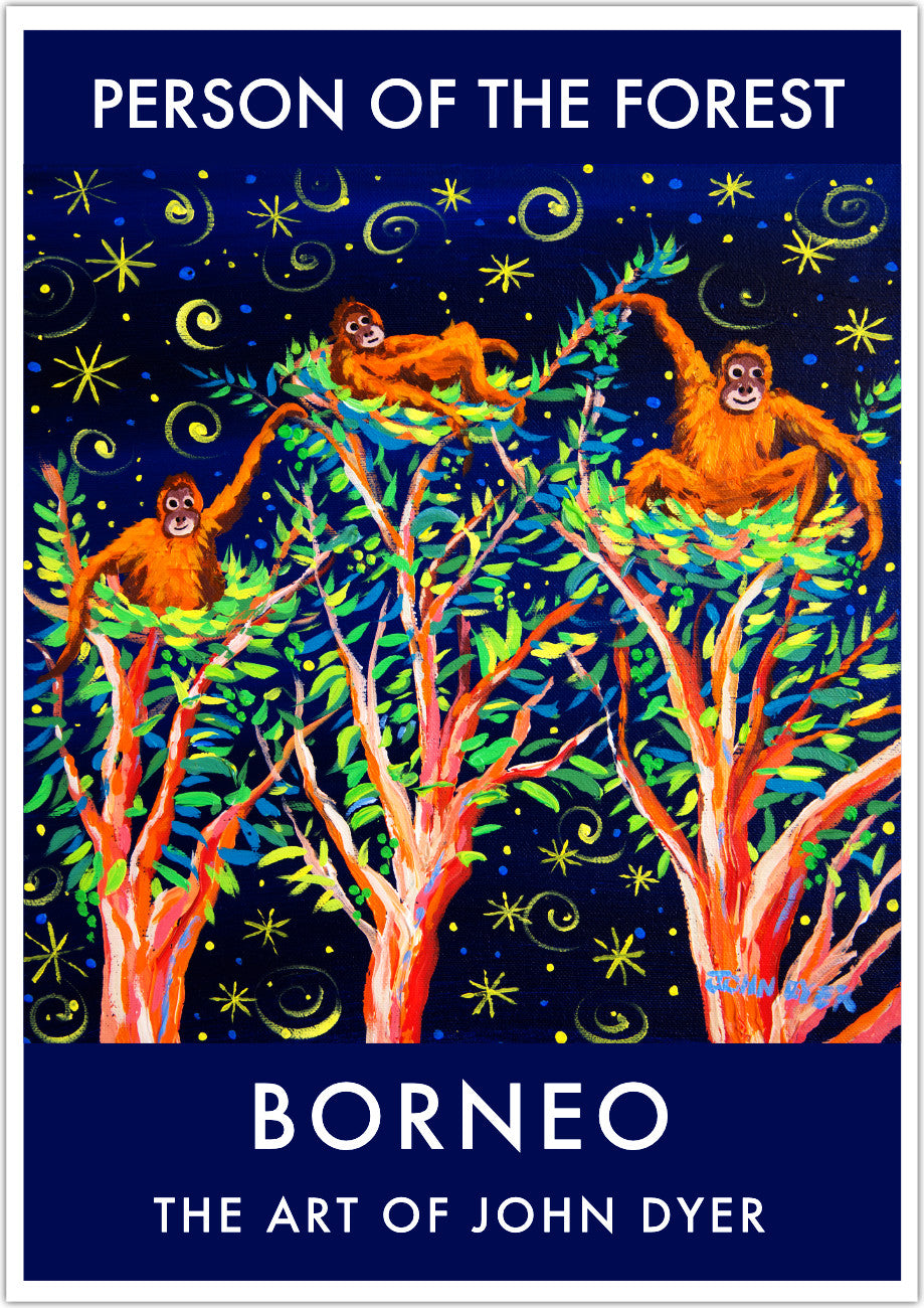 This wall art poster print features John Dyer&#39;s adorable painting of baby orangutans in their nests in the rainforest canopy of Borneo. Stars twinkle overhead and the orangutans settle into their newly built nests, which they build from fresh leaves and sticks every night. John Dyer travelled to Borneo and painted with the Orangutan Foundation, deep in the rainforest of southern Borneo