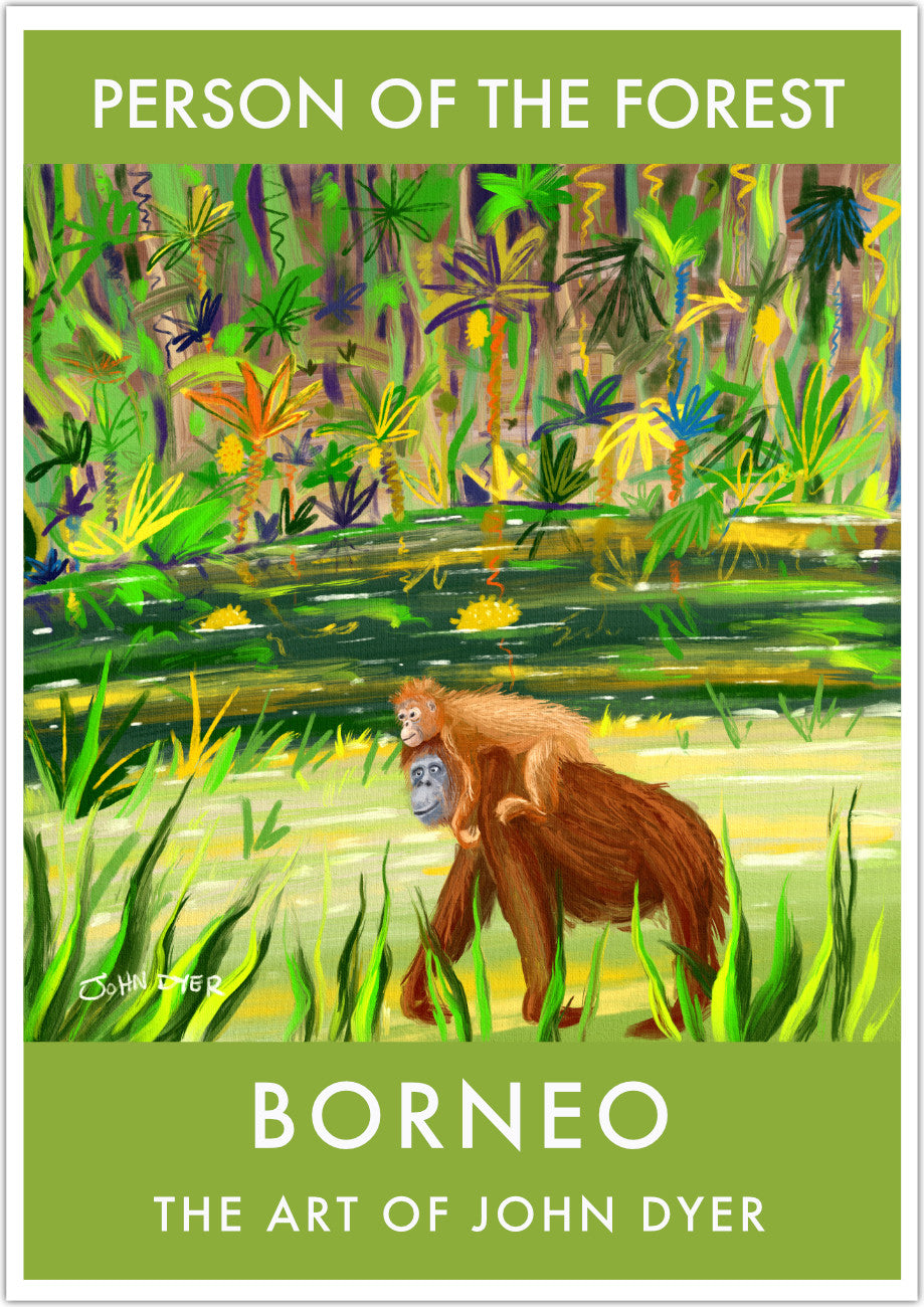 A stunning fine art wall poster print featuring a mother orangutan with her baby. Available framed or unframed. This delightful drawing by British artist John Dyer of the mother orangutan with her child riding on her back captures the essence of this amazing and beautiful critically endangered species. The image was created deep in the Borneo rainforest by the artist on his expedition with the Orangutan Foundation