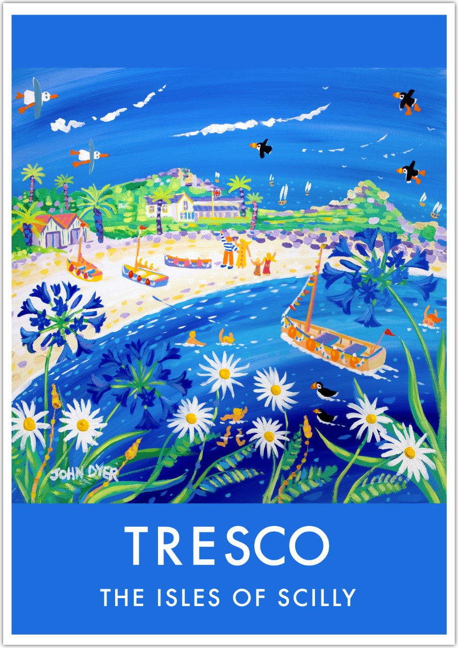 This vintage style wall art poster print of Tresco on the Isles of Scilly features a painting by renowned Cornish artist John Dyer. Using colour and type the print creates a vintage feel while offering the best of Cornish contemporary art. Stunning blue colours, a blue and turquoise sea with blue agapanthus flowers &amp; white moon-daisies. A family wave from the beach on Tresco &amp; puffins and seagulls fly through the sky. Available unframed or framed ready for your wall.