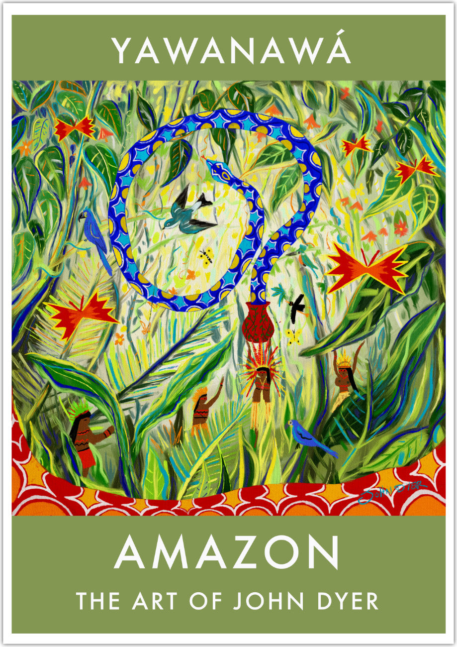 Vintage Style Jungle Poster Art Print by John Dyer. Healing Shaman. Amazon Rainforest Spiritual Snakes and Butterflies