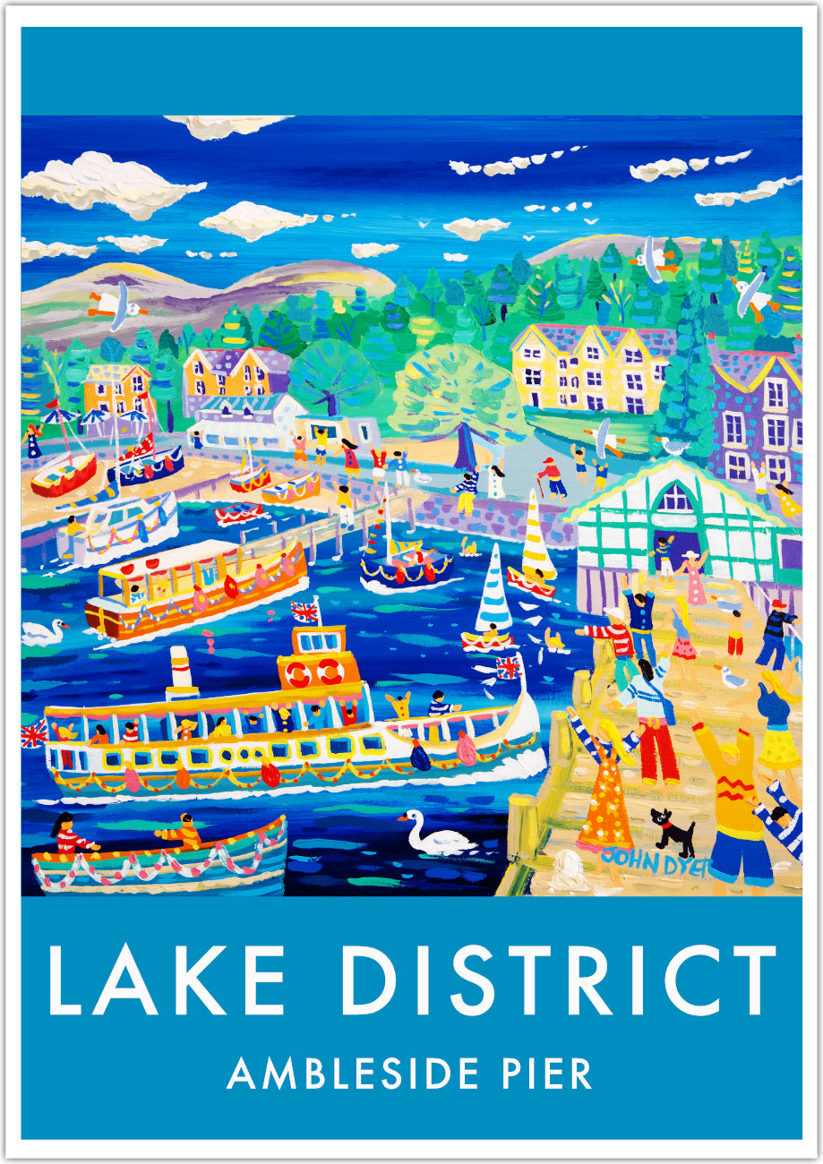 This vintage style travel wall art poster print by John Dyer of Ambleside Pier in The Lake District captures all the fun of a family holiday or day trip to the Lakes. Lake Windermere has many colourful ferries and boats and the artist has included the day trippers as they wait for the ferry at Ambleside Pier. The mountains can be seen rolling away in the background and swans glide past. A perfect art poster of the Lake District and available unframed or framed in a range of sizes.