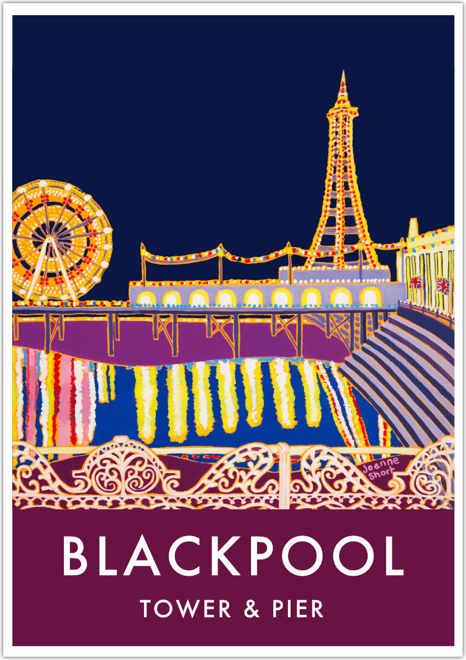 Vintage Style Travel Wall Art Poster Print by Joanne Short. Blackpool Tower and Pier