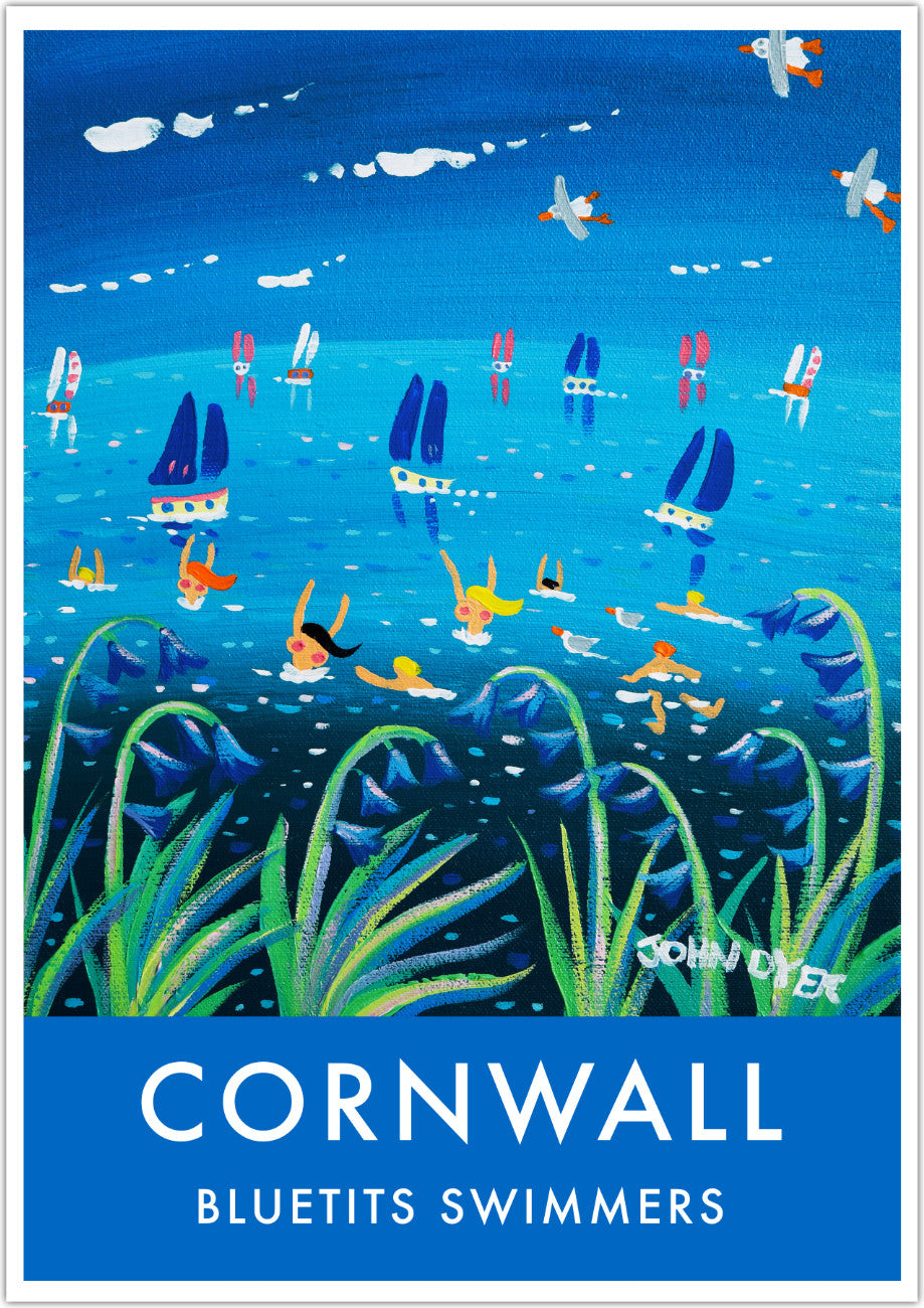 A fabulous wall art poster print by Cornish artist John Dyer featuring his painting &#39;Blue Bathings Belles&#39; and inspired by the Bluetits movement of cold water swimming. Bluebells fill the foreground and take our view out to the narrative of the topless bathers in the sea beyond. Sailing boats and seagulls complete this wonderful image and fantastic art poster print. Available unframed or framed and ready to hang in your home.