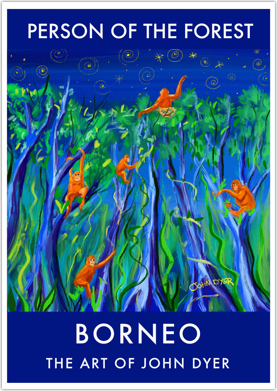 Wall art poster print of orangutans in the Borneo rainforest. Artist John Dyer has captured orangutans climbing through the rainforest to their nests in this beautiful art poster. The artist completed the drawing on an expedition to Borneo where he lives alongside the wild orangutans in the rainforest. At the top of the image, a single orangutan sits in its nest gazing at the stars and looking out across the rainforest canopy.