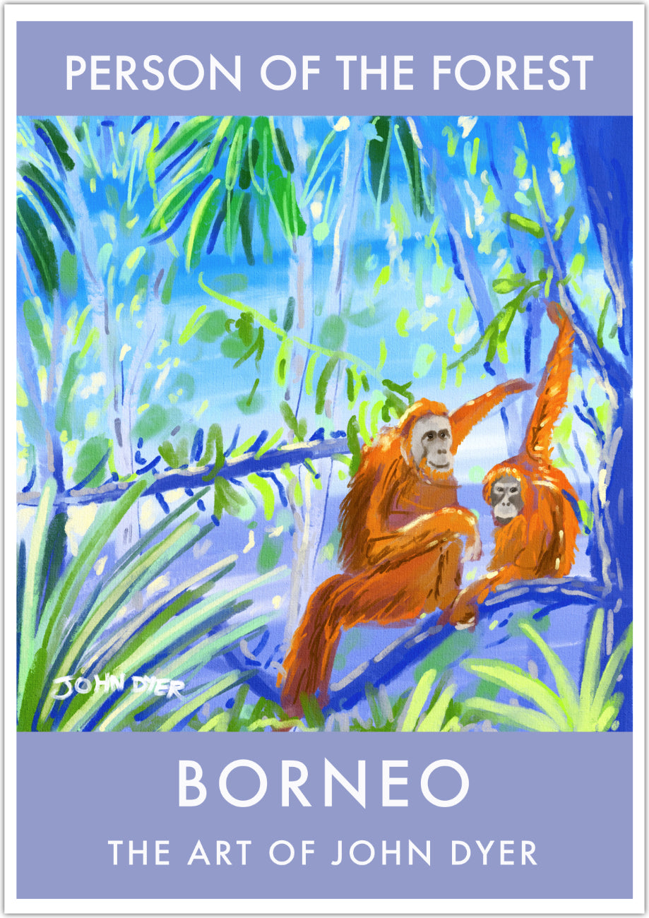 Orangutan fine art poster print of the Borneo rainforest by Earth Day artist John Dyer. Orangutan translates as 'Person of the Forest' and artist John Dyer has captured these beautiful and endangered animals in this free and painterly drawing of the rainforest in Borneo. John Dyer completed the orangutan artwork featured on this art poster print work on location in Borneo whist living alongside wild orangutans.