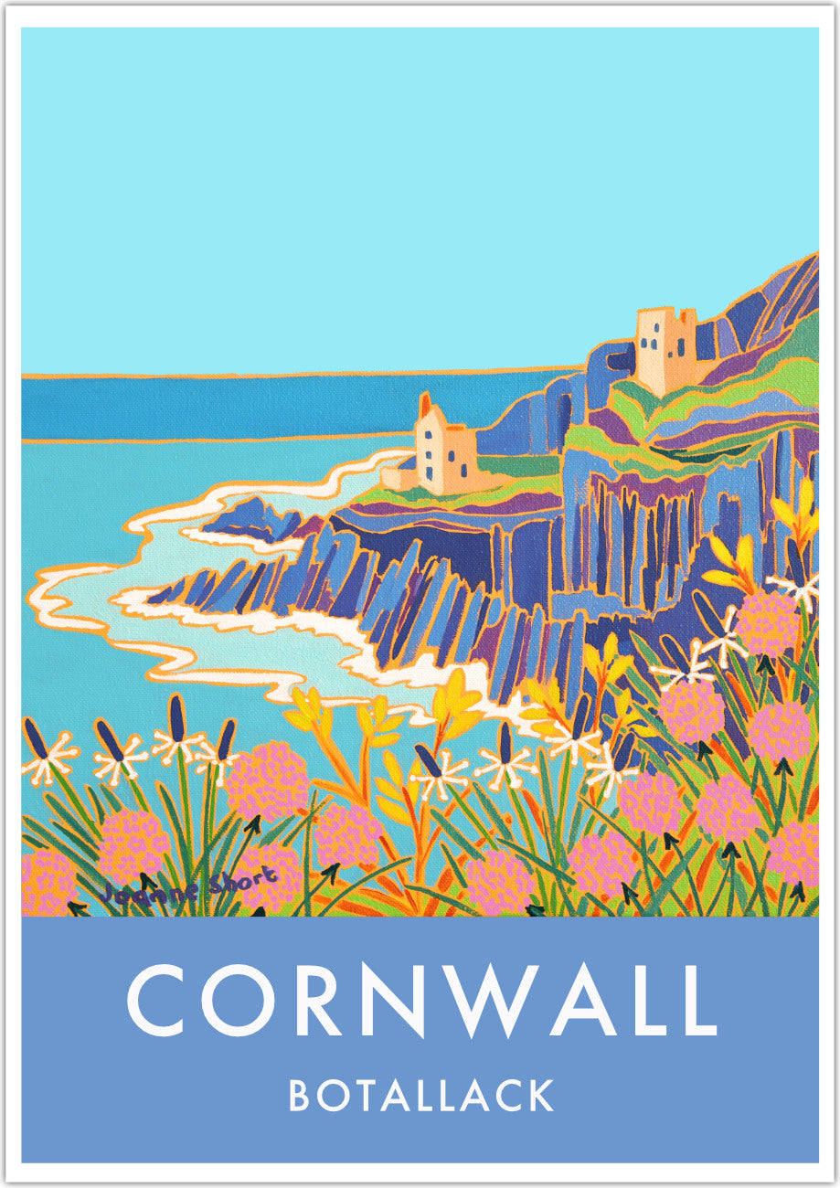 Botallack Tin Mines Art Prints of Cornwall by Cornish Artist Joanne Short. Vintage Style Poster Print Art for Homes. Cornwall Art Gallery