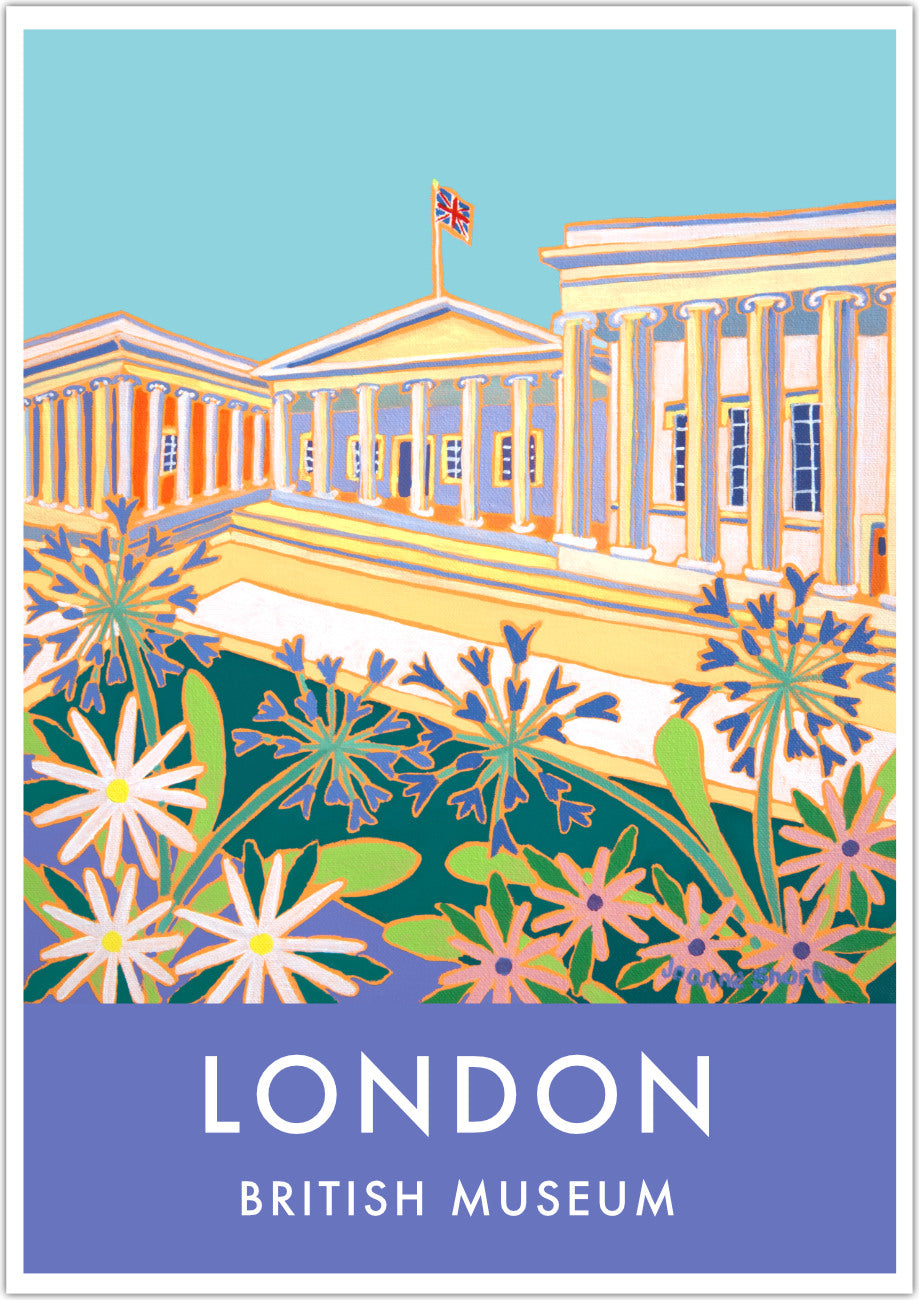 London archival wall art poster print of the British Museum by artist Joanne Short. The wonderful architecture of the British museum have been captured by artist Joanne Short in the painting that features on this archival wall art London poster print.Agapanthus flowers fill the foreground and a British Union jack flag flutters on the roof of the museum. A perfect souvenir archival wall art poster of London for your home, office or holiday rental.