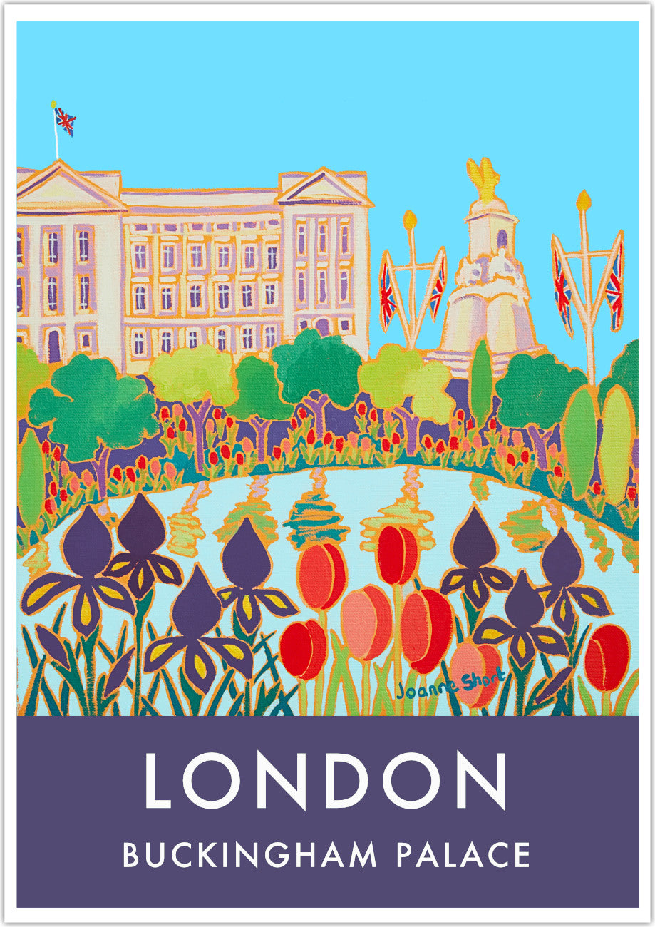 London wall art poster print of Buckingham Palace and the Mall by British artist Joanne Short. One of the most iconic travel style wall art posters of London. Artist Joanne Short&#39;s painting &#39;Tulips and Irises, Buckingham Palace&#39; has it all.  Buckingham Palace features with a Union Jack flag flying proudly. More Union Flags grace the side of the Mall and our view is through blue iris and red tulips. Available unframed or framed and ready to hang.