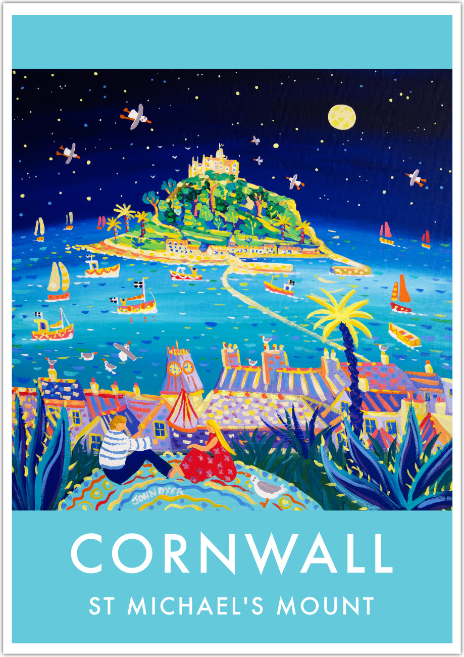 This stunning vintage style art poster print by Cornwall's best loved contemporary artist, John Dyer, is of a full moon over St Michael's Mount. A couple picnic under the stars in the foreground at Marazion surrounded by sub-tropical plants. A seagull joins them looking for crumbs and the view out over Marazion to Mount's Bay beyond is stunning. Wonderful colours and great narrative in this very special art poster print or Cornwall. Available unframed or framed and ready to hang on your wall.