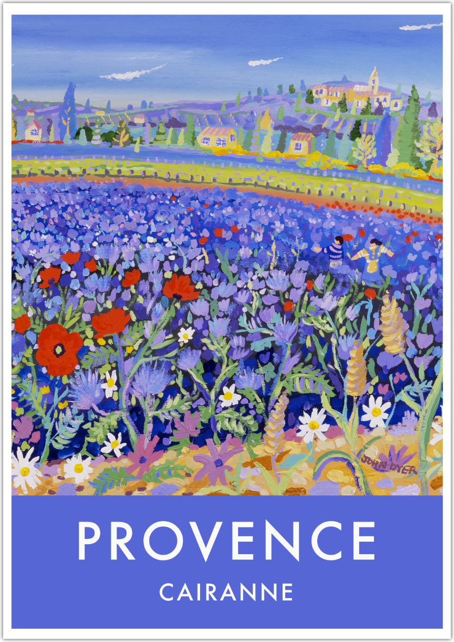 Vintage style travel art poster print of Provence in France featuring the art of John Dyer and the village of Cairanne in the Vaucluse region of Provence in the South of France. John has captured the amazing sight of a field of blue flowers and poppies set against the landscape of Provence and the wine producing village of Cairanne. This travel art poster will look stunning in your home or office and is available unframed or framed and ready to hang on your wall.