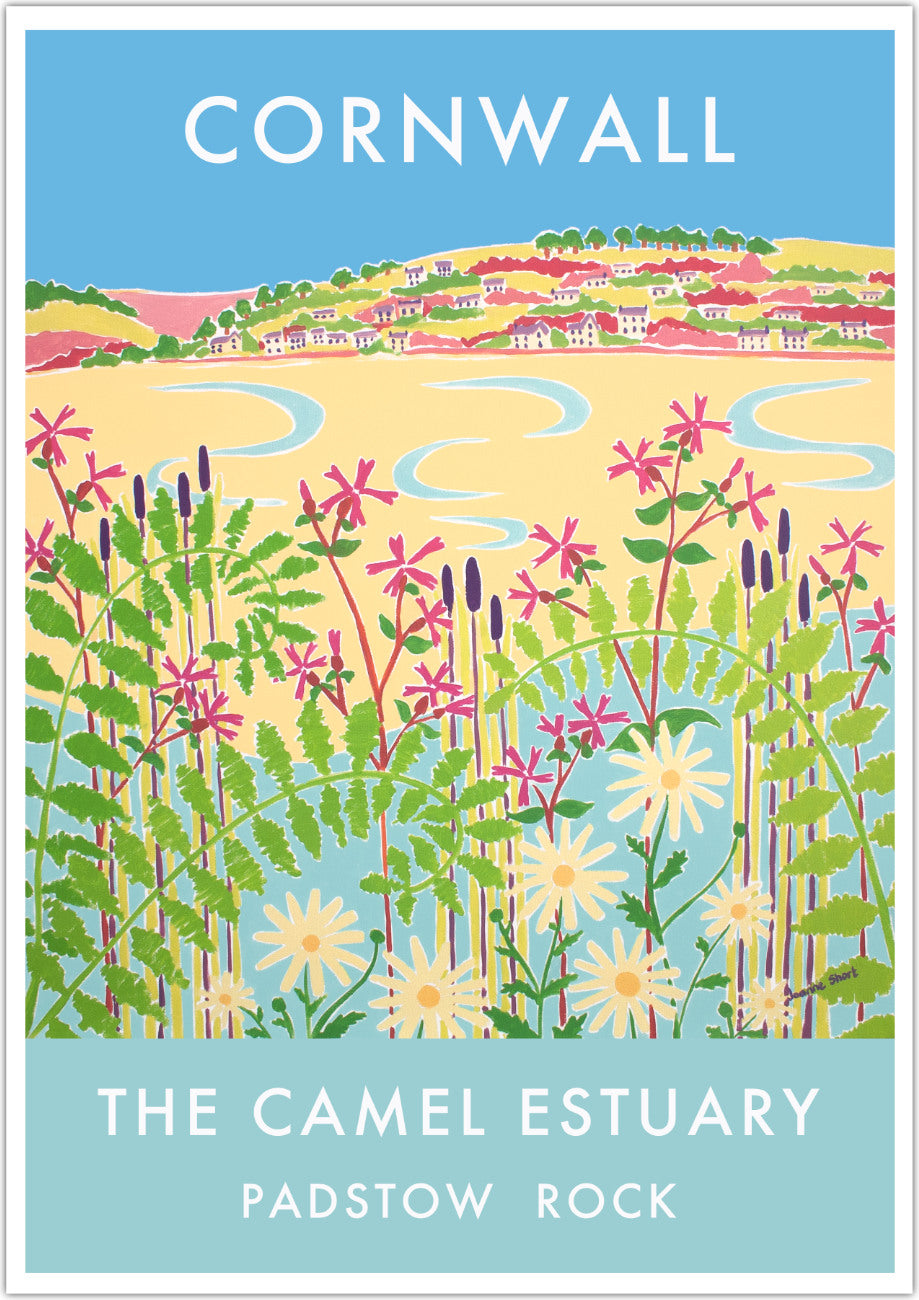Camel Estuary, Padstow, Rock Art Print by Cornish Artist Joanne Short. Cornwall Art Gallery, Vintage Style Poster Prints of Cornwall.
