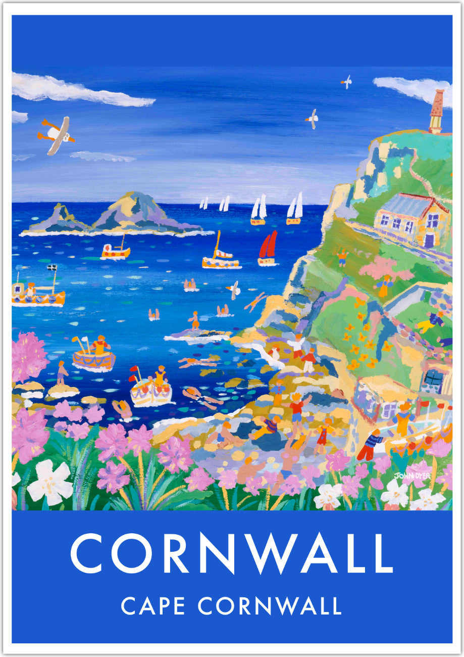 John Dyer wall art poster print of Cape Cornwall. Sea pinks and wild flowers carpet the cliffs. Fishing boats explore the bay and swimmers jump and dive from the rocks at Cape Cornwall. This is one of Cornwall's most remote and unspoilt locations and this art poster print brings all the fun and energy the artist finds there to us. Available unframed or framed in a range of sizes and ready to hang on your wall.