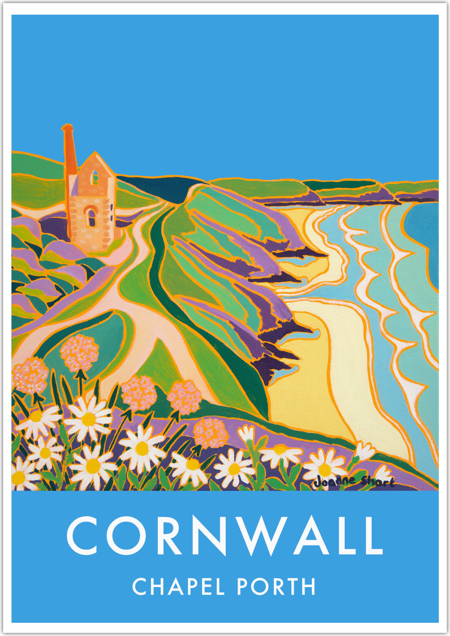 Cornwall wall art poster print of Chapel Porth Tin Mine at St Agnes by Cornish artist Joanne Short. The Cornish tin mine of Wheal Coates, at Chapel Porth St Agnes, is the subject of the painting by Joanne Short that is featured on this stunning art poster print. The beautiful blue Cornish sky sets off the warm colours of the brick work in the old engine house beautifully. Wild flowers feature in the print and the waves roll into the shore along the coast and coastal path.