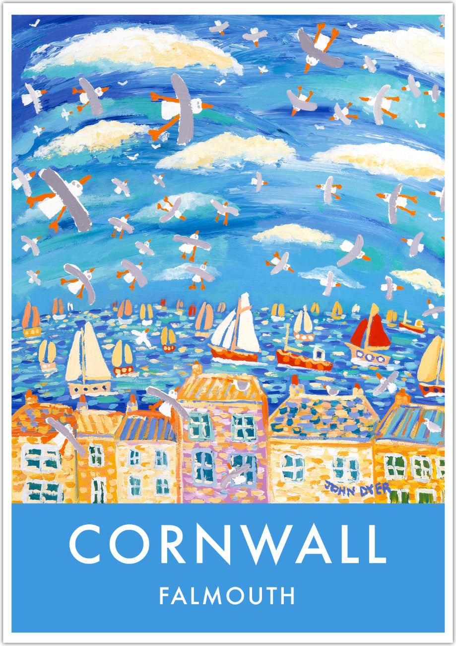 Falmouth Seagulls Art Print by Cornish Artist John Dyer. Cornwall Art Gallery, Vintage Style Poster Prints of Cornwall.