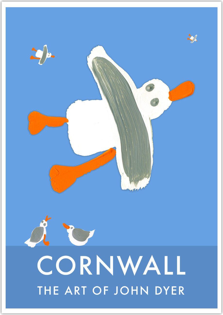 Cornish wall art poster print of seagulls by artist John Dyer. John Dyer&#39;s painted seagulls have become one of Cornwall&#39;s most iconic art pieces. Instantly recognisable and much loved the artist&#39;s way of painting seagulls brings a smile to all who view. The artist uses birds and seagulls throughout his work.