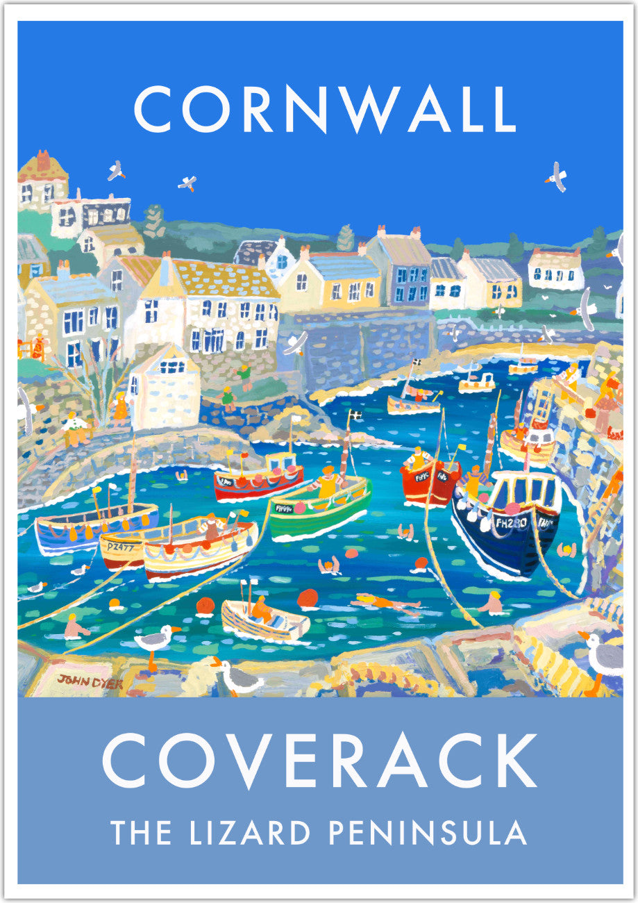 A spectacular wall art poster print of Coverack harbour in Cornwall by Cornish artist John Dyer. The painting featured on this vintage style travel poster is one of the artist&#39;s best known works. Colourful fishing boats pack the harbour and swimmers enjoy the clear salty water. The Cornish cottages and stone work create a real sense of place. Beautiful. Available either unframed or framed and ready to hang on your wall at home.
