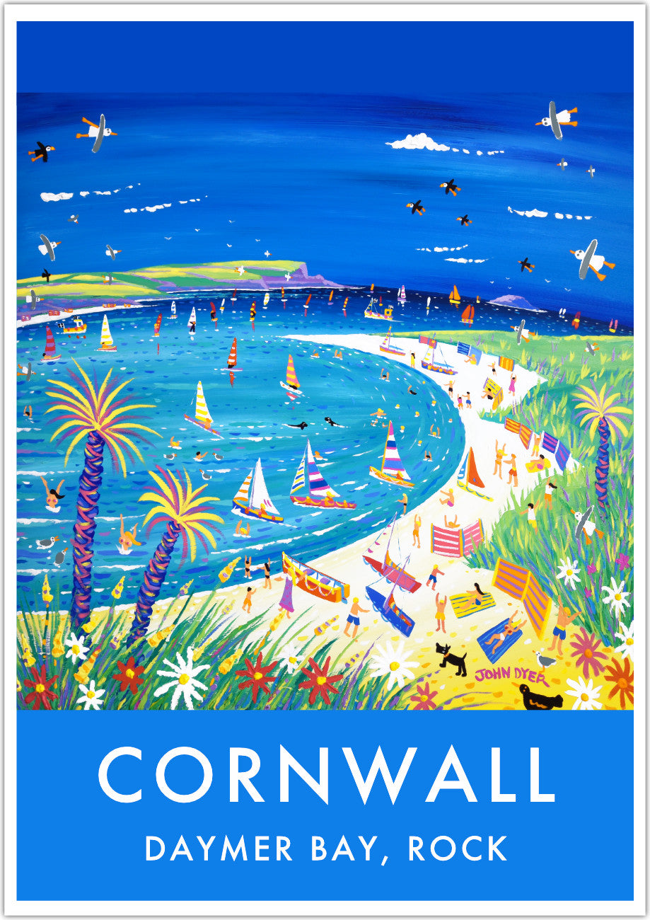 Daymer Bay Beach, Rock, Art Print by Cornish Artist John Dyer. Cornwall Art Gallery, Vintage Style Poster Prints of Cornwall.