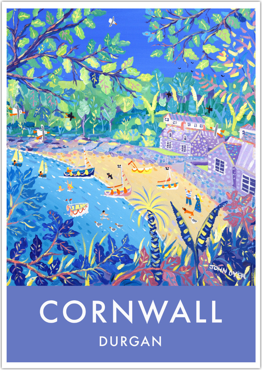 A wonderful wall art travel poster print of Durgan in Cornwall by Cornish artist John Dyer. John Dyer's paintings are widely acclaimed and he is Cornwall's best loved contemporary artist. This delightful art poster print brings us one of his stunning paintings of Durgan on the Helford River. Purple and blues combine to create a tranquil glimpse of the beach at Durgan. A perfect window onto Cornwall that you can add to your home or office. Available unframed, or framed ready to hang on your wall.