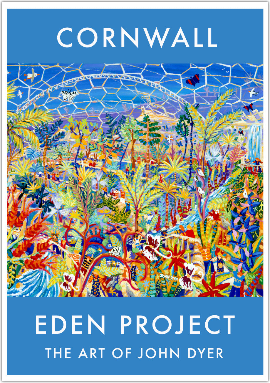 Fine art wall poster print of the Eden Project rainforest biome by Cornish artist John Dyer. John Dyer is the artist in residence for the Eden Project and this is the most famous painted image of the Eden Project. This vintage style art poster print brings the painting &#39;Garden of Eden&#39; to a wider audience with vibrant colour and vintage style typography.