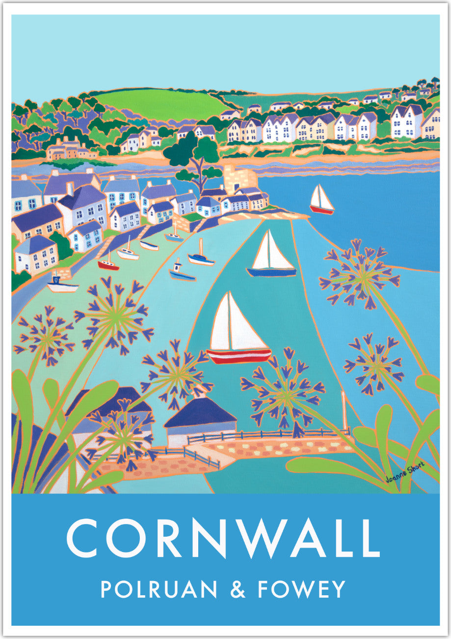 Polruan Art Prints of Cornwall by Cornish Artist Joanne Short. Vintage Style Poster Print Art for Homes. Cornwall Art Gallery