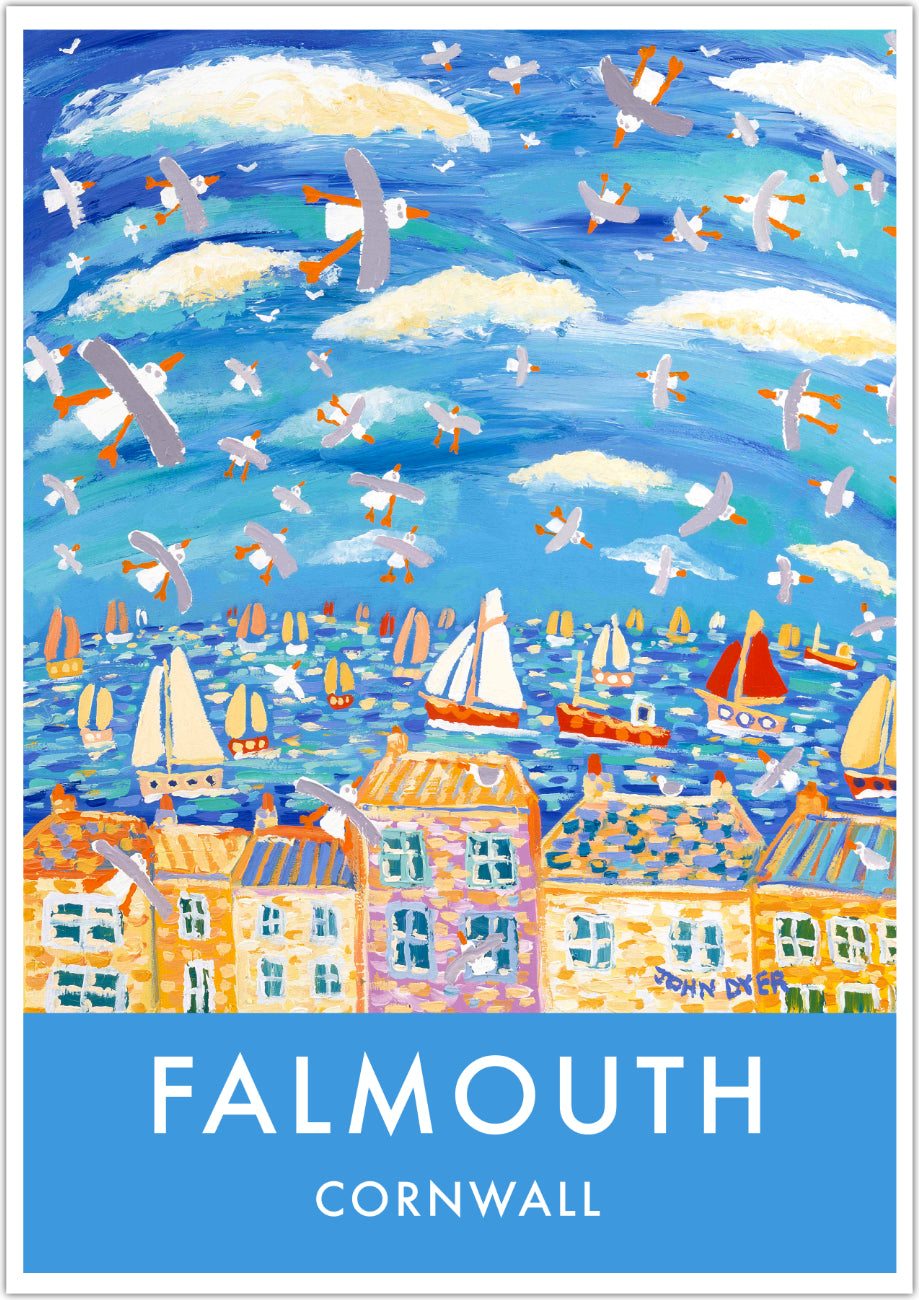 We love this vintage style travel wall art poster print of seagulls over Falmouth in Cornwall from one of Cornwall&#39;s best loved artists, John Dyer. John&#39;s work is collected all over the world but it is lovely to see his home town of Falmouth in Cornwall inspiring this seagull filled seascape. It is bound to bring a touch of Cornwall and memories of happy times to all who view. Boats fill the bay and seagulls fill the sky over Falmouth. Available unframed or framed and ready for your wall at home.