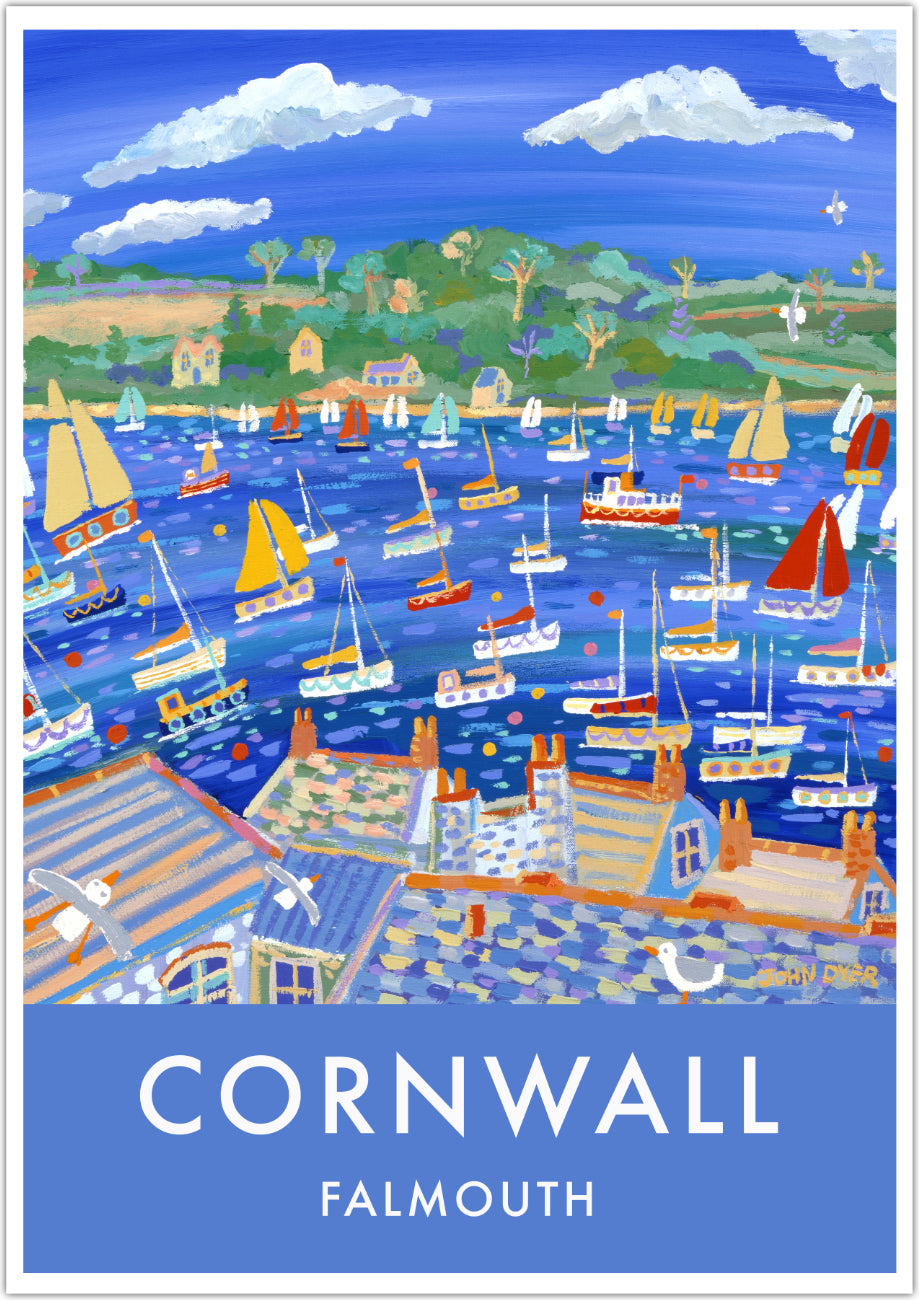 John Dyer is Falmouth&#39;s best loved artist and this wonderful wall art poster print of the boats bobbing on the river at Falmouth creates a wonderful seaside vintage style art poster print of Cornwall. The view is across the rooftops of the town towards the headland at Flushing. Colourful yachts and fishing boats are captured with a freedom and use of colour that is classic John Dyer. Available unframed or framed and ready to hang in your home.