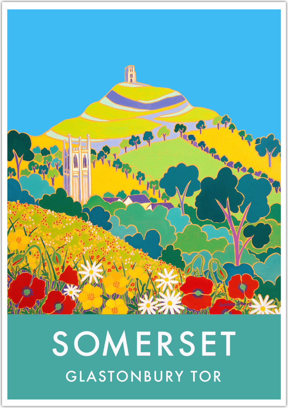Vintage Style Travel Poster Print by Joanne Short of Glastonbury Tor, Somerset