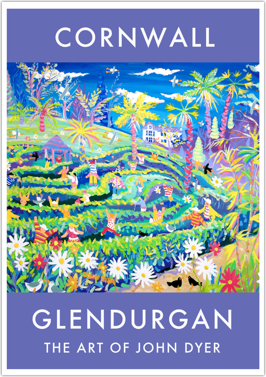 John Dyer wall art poster print of the National Trust&#39;s maze at Glendurgan Garden in Cornwall. Families rush around in the maze, the tropical gardens explode in shapes and colour and seagulls and black birds animate the sky. A fabulous art poster print. John Dyer&#39;s famous painting of Glendurgan Garden &#39;Amazing Mayhem in the Maze in May&#39; that features on this art poster print is owned by the National Trust and on permanent public display at the entrance to Glendurgan gardens.