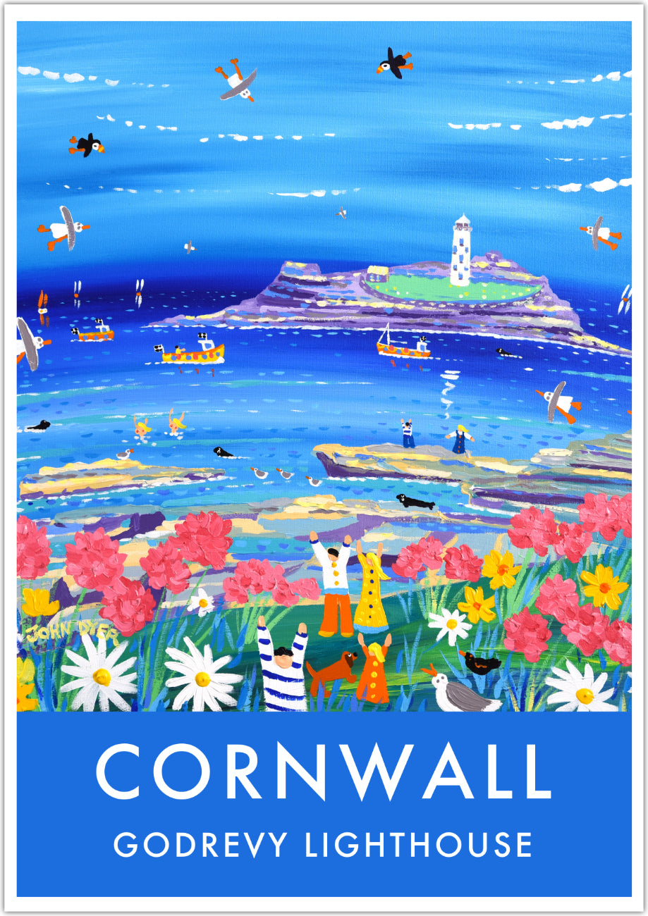 This fabulously colourful vintage style wall art poster print by Cornish artist John Dyer of Godrevy lighthouse and Gwithian beach in Cornwall will really make a positive impact in your home. With rich clear colours and John&#39;s amazing array of characters from sausage dogs, seagulls, seals, mermaids and families enjoying the cliffs it will bring a splash of Cornish fun and freedom to all who view. Available unframed or framed and ready to hang on your wall.
