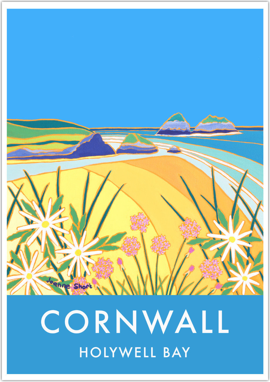 Holywell Bay Beach Art Prints of Cornwall by Cornish Artist Joanne Short. Vintage Style Poster Print Art for Homes. Cornwall Art Gallery