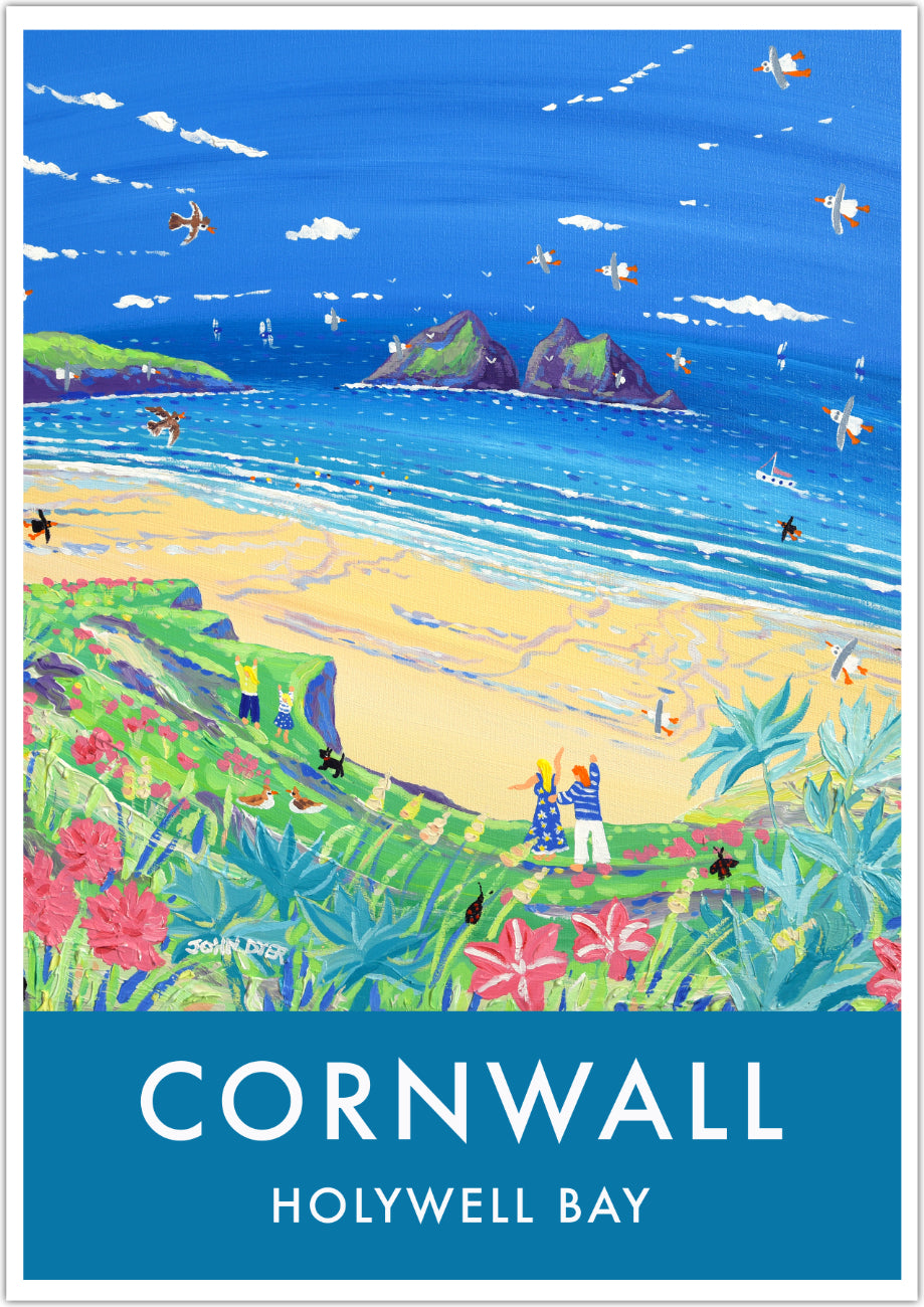 A vintage style seaside wall art poster print of Holywell Bay on the North coast of Cornwall by Cornish artist John Dyer. John used to live in Holywell Bay for 15 years and has a deep connection to the beach and dunes. Brilliant colour and type combine on this poster print with John&#39;s painting to create a perfect image of Holywell Bay and a wonderful vintage look for your home or office. Available now either unframed or framed and ready to hang.