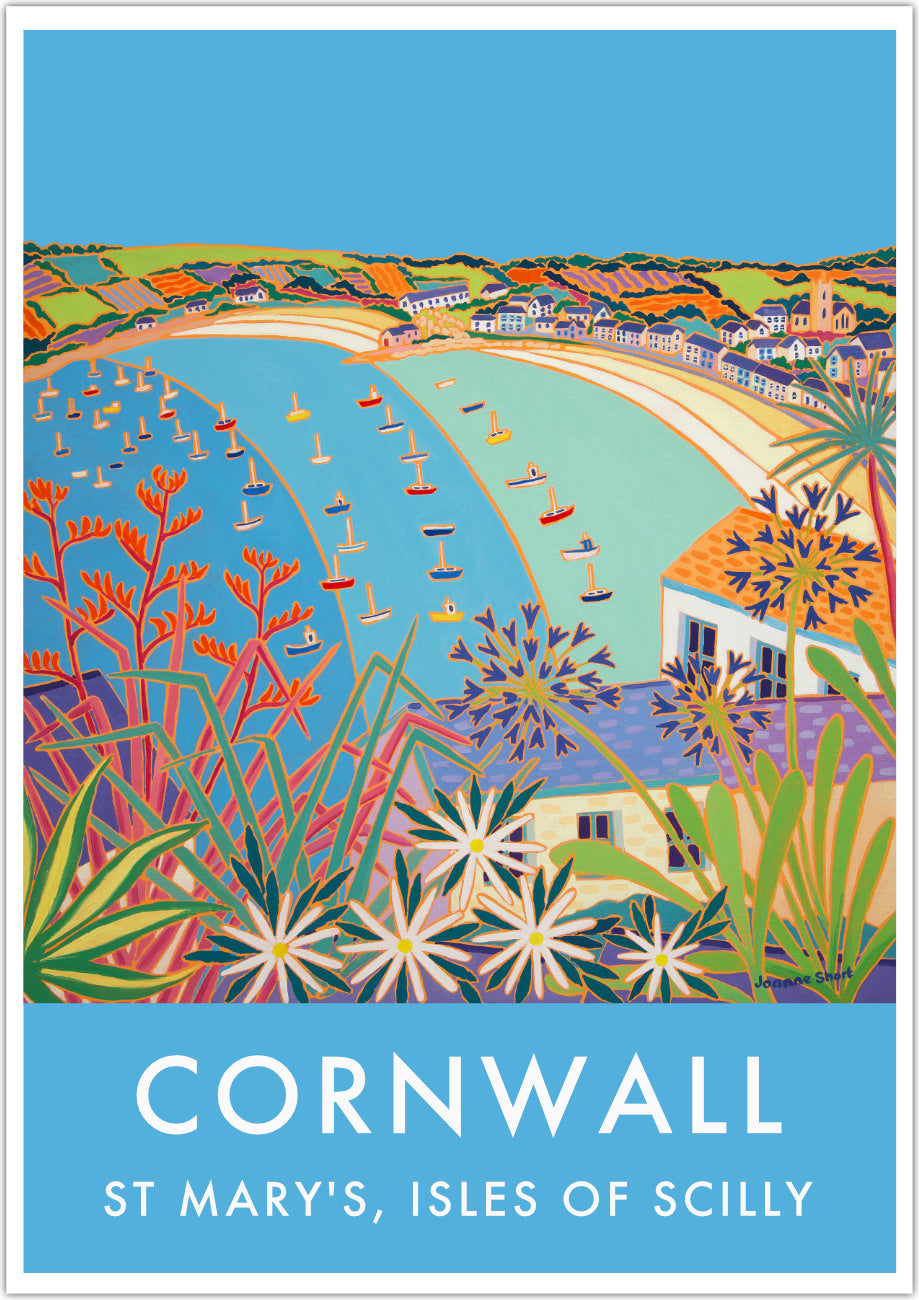 St Mary's Isles of Scilly Art Prints of Cornwall by Cornish Artist Joanne Short. Vintage Style Poster Print Art for Homes. Cornwall Art Gallery