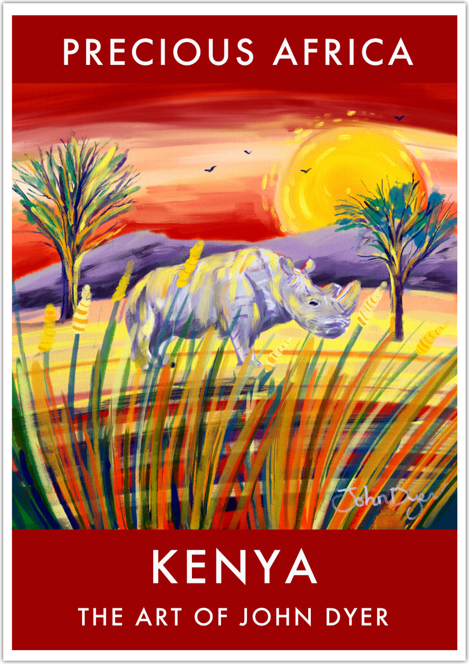 Wall art poster print featuring tone of the last Northern White Rhino in Kenya Africa by British artist John Dyer. There are only two Northern White Rhino on planet earth and artist John Dyer is highlighting this in this poignant but beautiful art poster print of a Northern White Rhino in Kenya. The rich sunset fills the print with warmth and African colours catch the trees and grasses as the light pours across the landscape. A stunning wall art poster print of Africa that is available framed or unframed.