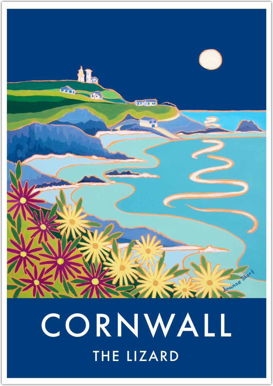 Lizard Point and Lighthouse Art Prints of Cornwall by Cornish Artist Joanne Short. Vintage Style Poster Print Art for Homes. Cornwall Art Gallery