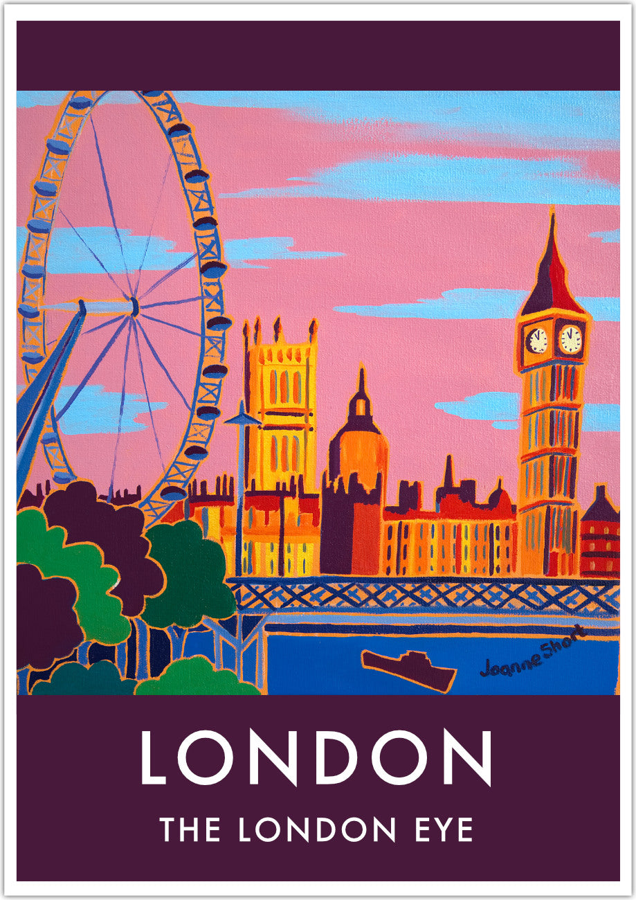 London wall art poster print featuring the London Eye, River Thames, Big Ben and the Houses of Parliament by British artist Joanne Short. Vintage Style Travel Poster by Joanne Short of The London Eye featuring her painting &#39;Evening Sky at the London Eye&#39;. The poster has an almost feel about it with the rich background colour running above and below the image with white vintage style type.