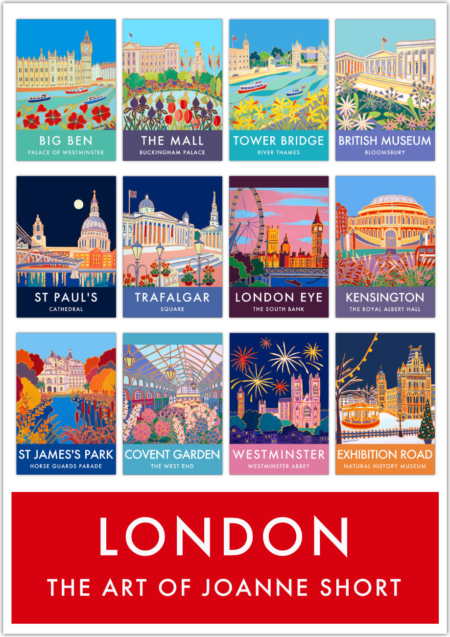 London wall art poster print of famous London Landmarks by British artist Joanne Short. A stunning vintage style art poster of London featuring twelve beautiful images of London painted by British colourist artist Joanne Short. Big Ben, Buckingham Palace, Tower Bridge, The British Museum, St Paul&#39;s Cathedral, Trafalgar Square, The London Eye, The Royal Albert Hall, St James&#39;s Park and Horse Guards Parade, Covent Garden, Westminster Abbey and the Natural History Museum