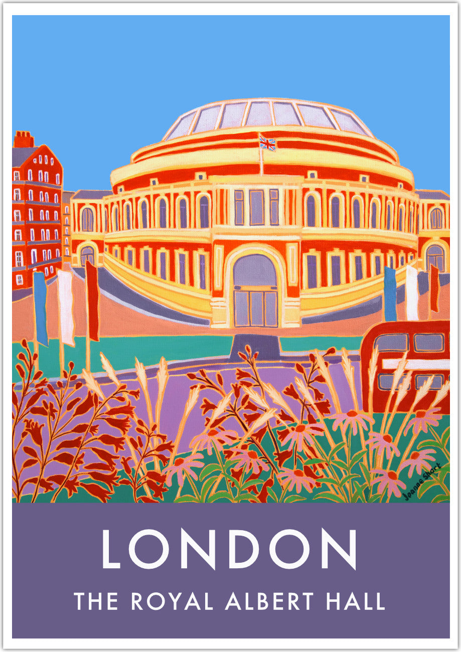 Archival London wall art poster print of the Royal Albert Hall from Hyde park by British artist Joanne Short. &#39;Flowers and Flags, The Royal Albert Hall&#39; is the title of the Joanne Short painting featured on this stunning London art poster. The view is from Hyde Park looking back towards the amazing form and colour of the Royal Albert Hall. A red London bus can be seen on the right of the picture and red, white and blue flags flutter in the breeze. A celebration of London, music and culture.