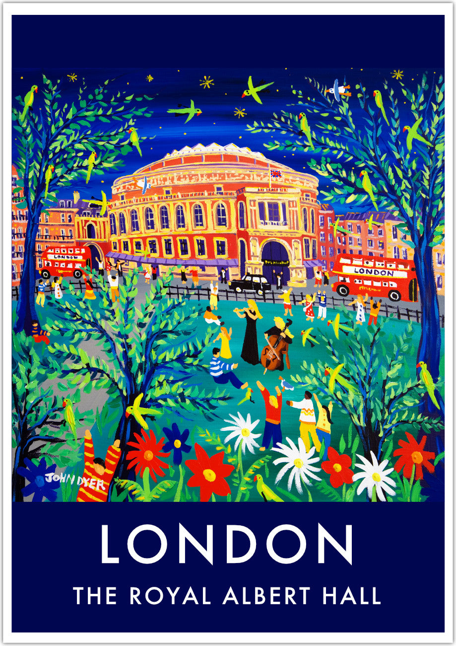 John Dyer's wall art poster print of London features 'Performing to the Parrots in the Park, Royal Albert Hall' which makes for the perfect vintage style art poster print of London. Featuring Hyde Park & the Royal Albert Hall the print is a complete celebration of London life & culture with musicians performing flute and cello music to parrots in the park with black cabs & London buses whizzing past. Fantastic! Available unframed or framed and ready to hang on your wall at home or work.