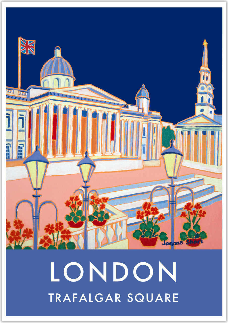 London wall art poster print of Trafalgar Square and the National Gallery by British artist Joanne Short. A stunning vintage style travel poster featuring Joanne Short's painting 'Blue Sky, Trafalgar Square'. A union jack flag flutters above the National Gallery set against a midnight blue sky. The church of St Martin-in-the-Fields also features in the poster set back beyond the classic London street lights. Red geraniums complete this delightful composition.