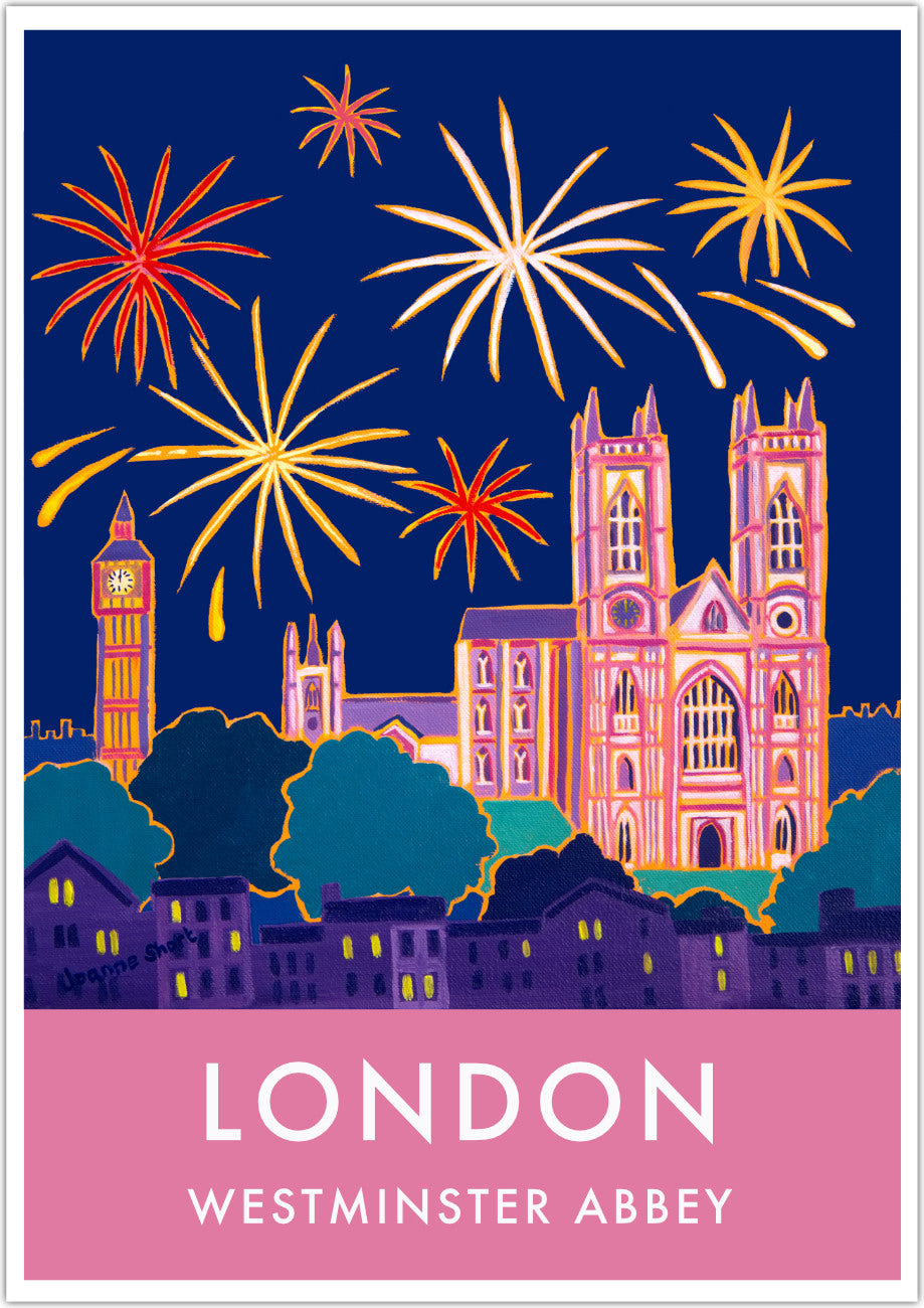 London wall art poster of Westminster Abbey with fireworks by British artist Joanne Short. Joanne Short&#39;s painting &#39;New Year Celebrations, Westminster Abbey, London&#39; features on this beautiful vintage style art poster of London. Fireworks explode in the night sky over the London skyline. Big Ben can be seen illuminated in the background and Westminster Abbey is illuminated in pink and purple colours. A really magical image that creates a striking travel art poster.