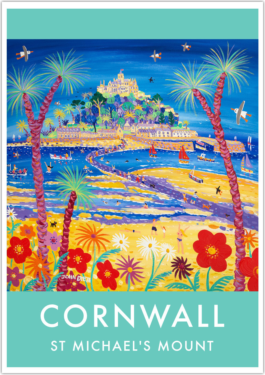St Michael's Mount fine art wall poster print by Cornish artist John Dyer. This stunning art poster print features the work of John Dyer and his picture of low tide at St Michael's Mount as people walk across the causeway. Stunning use of colour and the highest quality paper and printing combine to create a stunning art print of Cornwall's most visited location by Cornwall's best know artist. Available unframed or framed and ready to hang in your home.