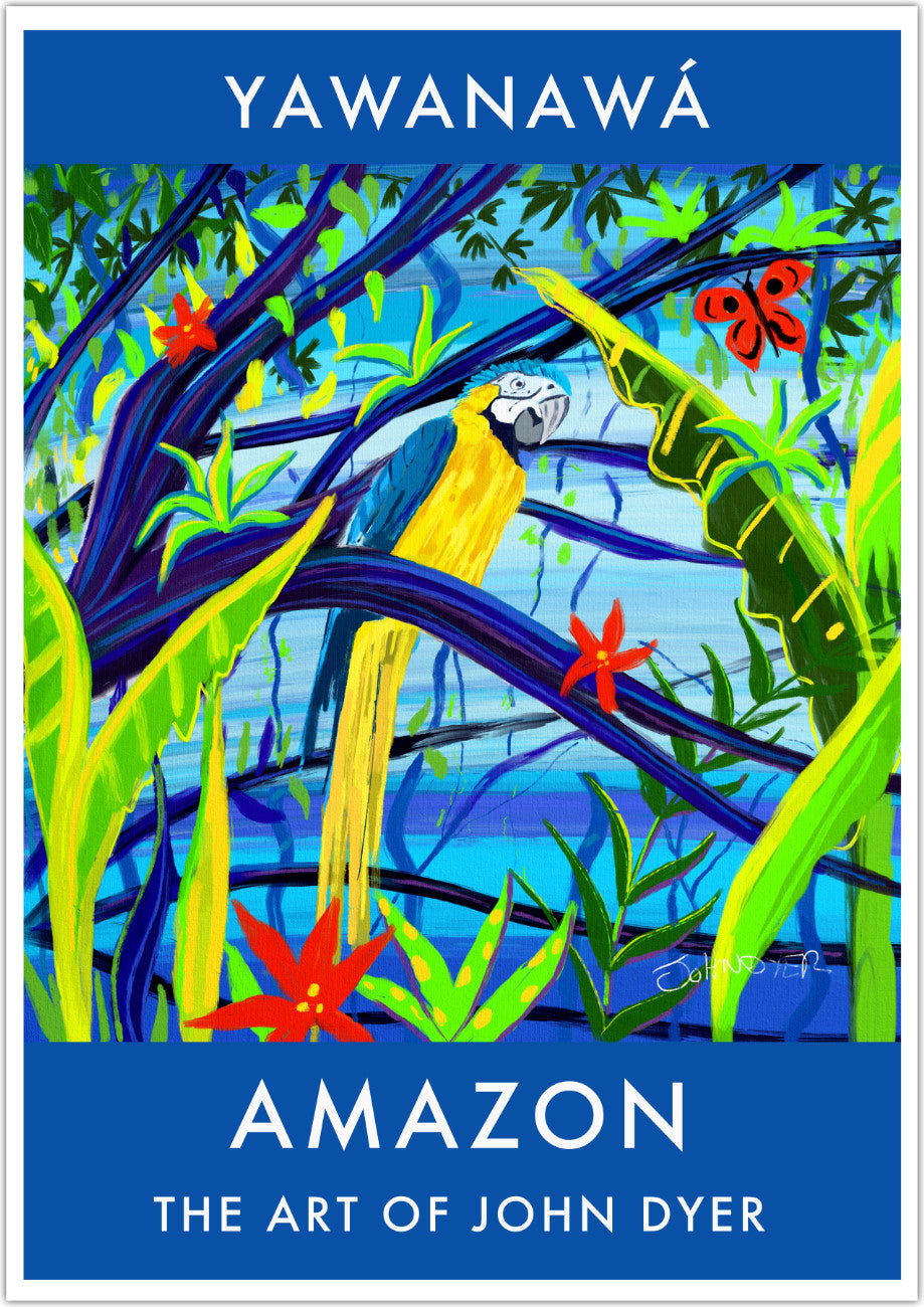 Vintage Style Wall Art Jungle Poster Art Print by John Dyer. Amazon Rainforest Blue and Yellow Macaw Parrot