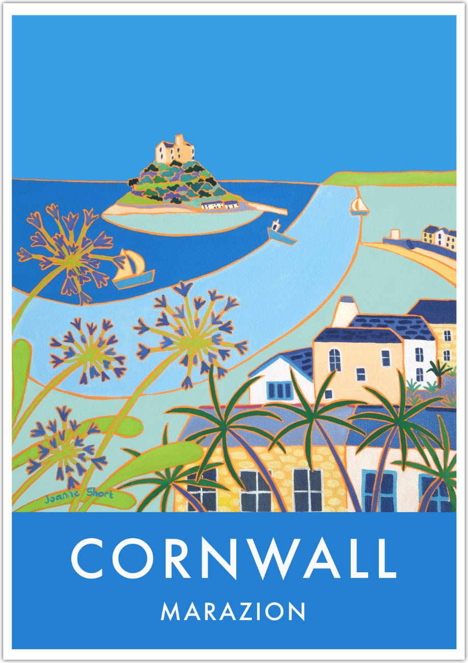 Marazion and St Michael's Mount. Art Prints of Cornwall by Cornish Artist Joanne Short. Cornwall Art Gallery, Vintage Style Posters.