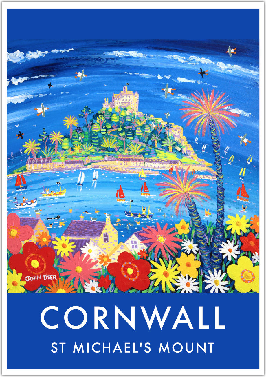 This is a spectacular wall art poster print of artist John Dyer&#39;s painting &#39;Summer Flowers, St Michael&#39;s Mount&#39;. The print radiates colour and all the fun of the seaside. The view is from above Marazion looking towards the amazing island of St Michael&#39;s Mount. Bold use of color and form, towering palm trees, seals, boats and swimmers all combine to create a perfect art poster of Cornwall. Available unframed or framed and ready to hang in your home.
