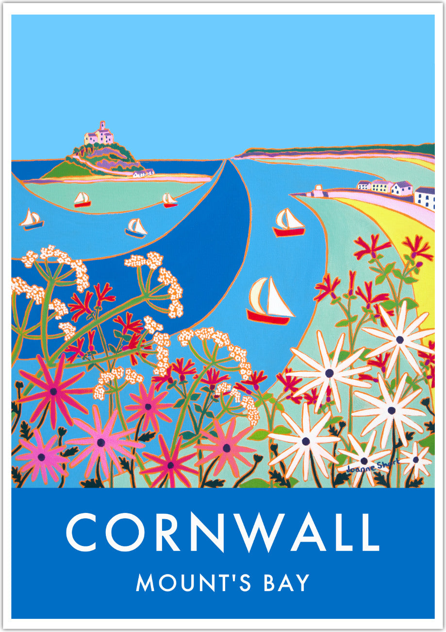 Mount's Bay & St Michael's Mount Art Prints of Cornwall by Cornish Artist Joanne Short. Vintage Style Poster Print Art for Homes. Cornwall Art Gallery