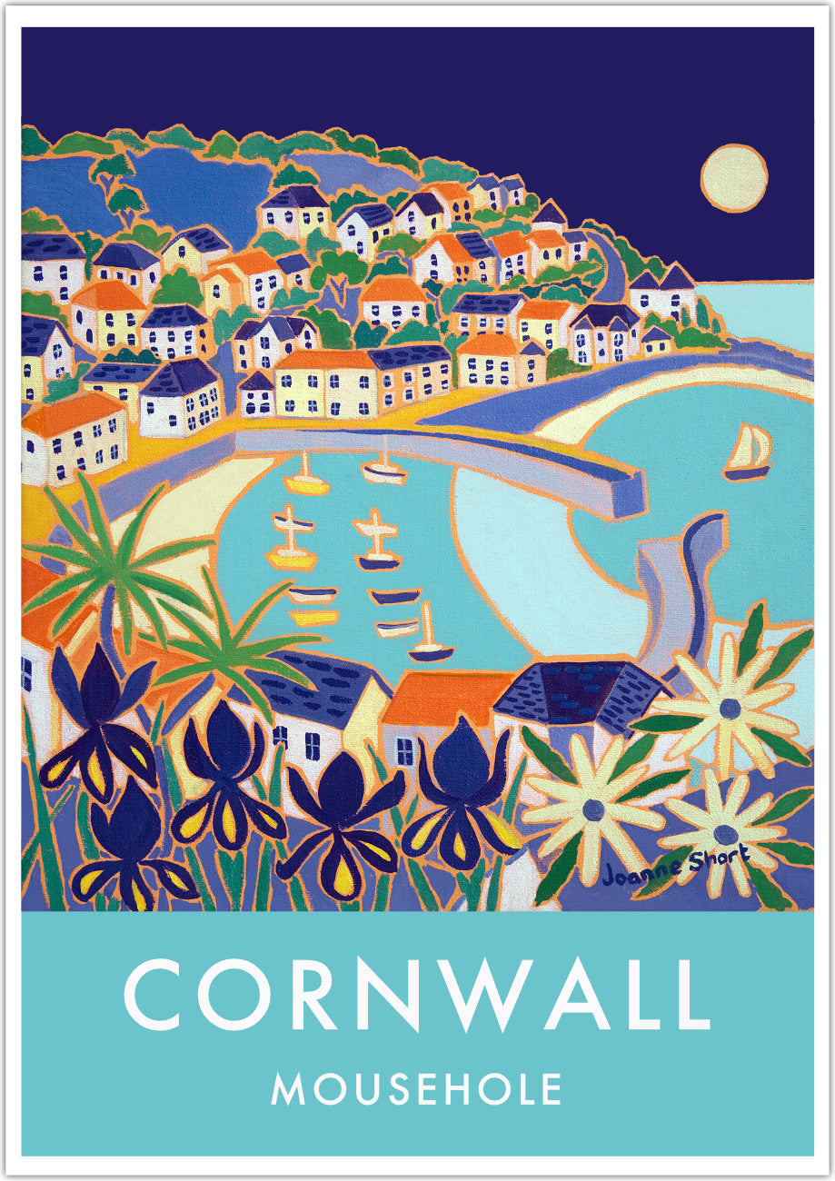 Mousehole Harbour Art Prints of Cornwall by Cornish Artist Joanne Short. Vintage Style Poster Print Art for Homes. Cornwall Art Gallery