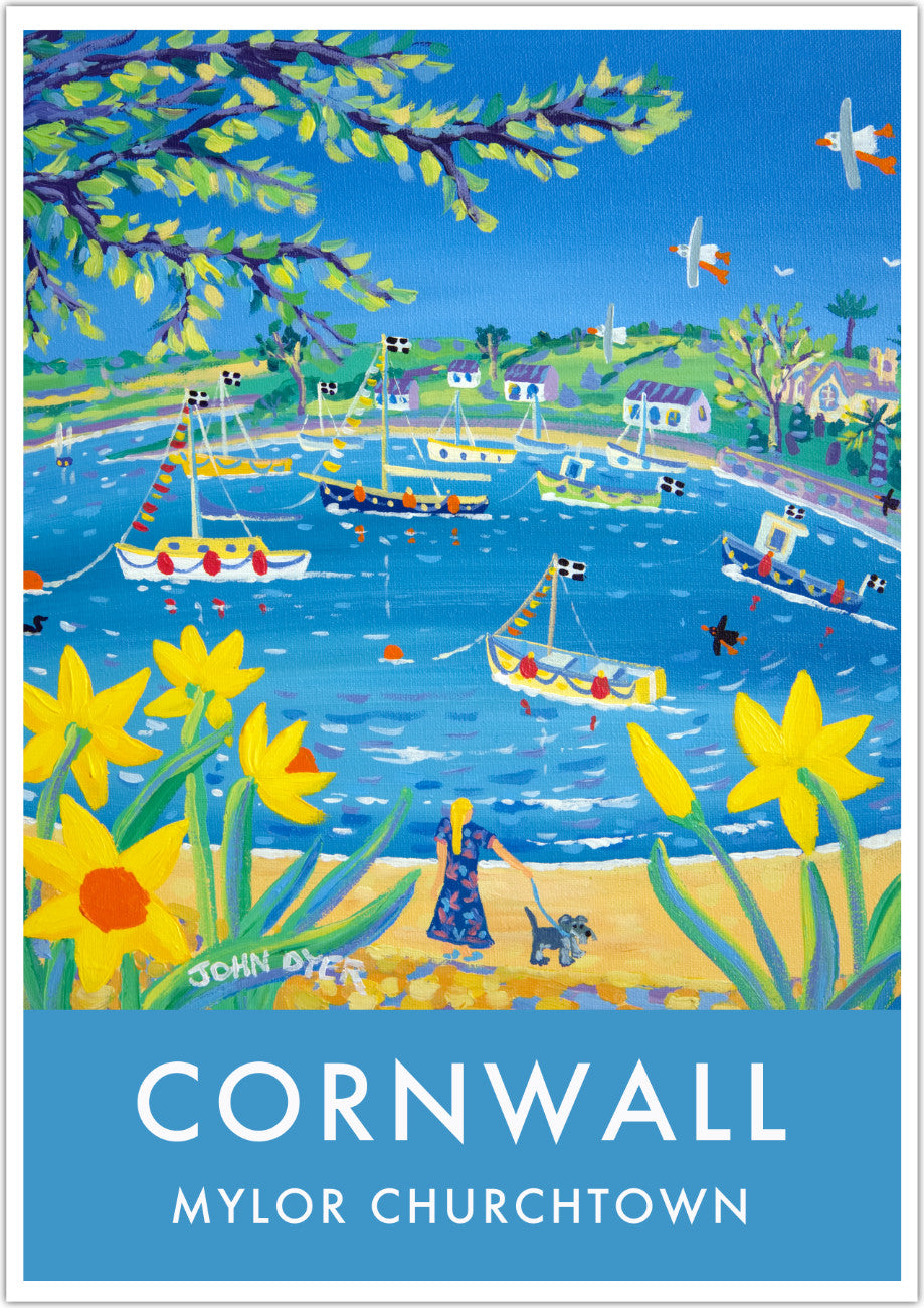 Cornish spring daffodils are set against a wonderful blue sea in this vintage style wall art poster print featuring a painting by artist John Dyer of Mylor Churchtown and Harbour in Cornwall. The church at Mylor can be seen on the right side. Cornish boats bob in the harbour and the lime greens of the new foliage on the trees gives this piece a real sense of energy and light. Available unframed or framed and ready to hang in your home.