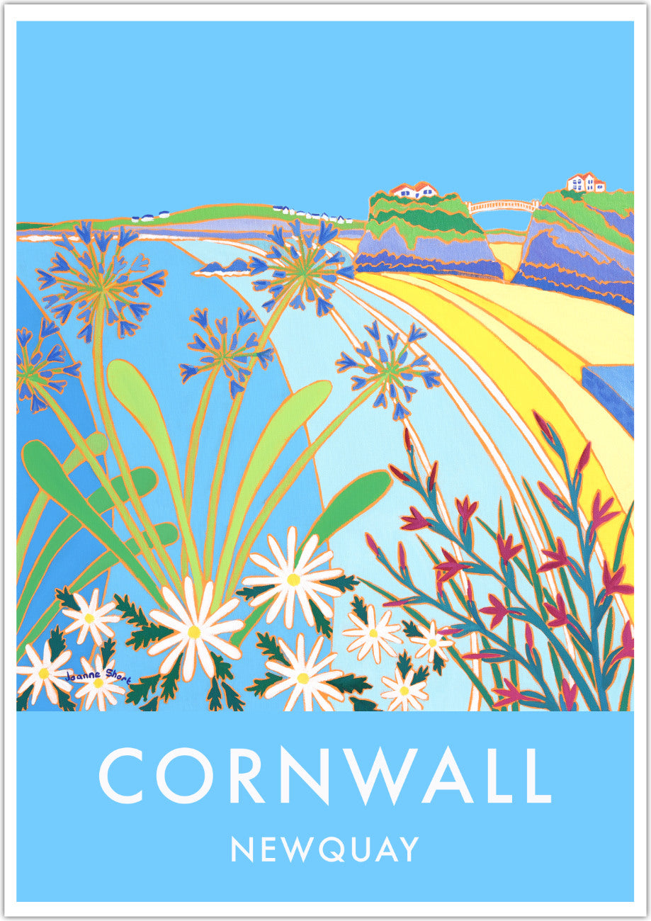 Vintage Style Seaside Travel Art Poster Print by Joanne Short of Towan Beach, Newquay in Cornwall